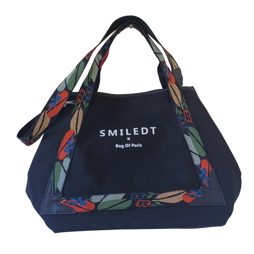 SMILEDT‎ x Bag Of Paris Black Canvas Tote Bag Floral Embroidered Straps Large